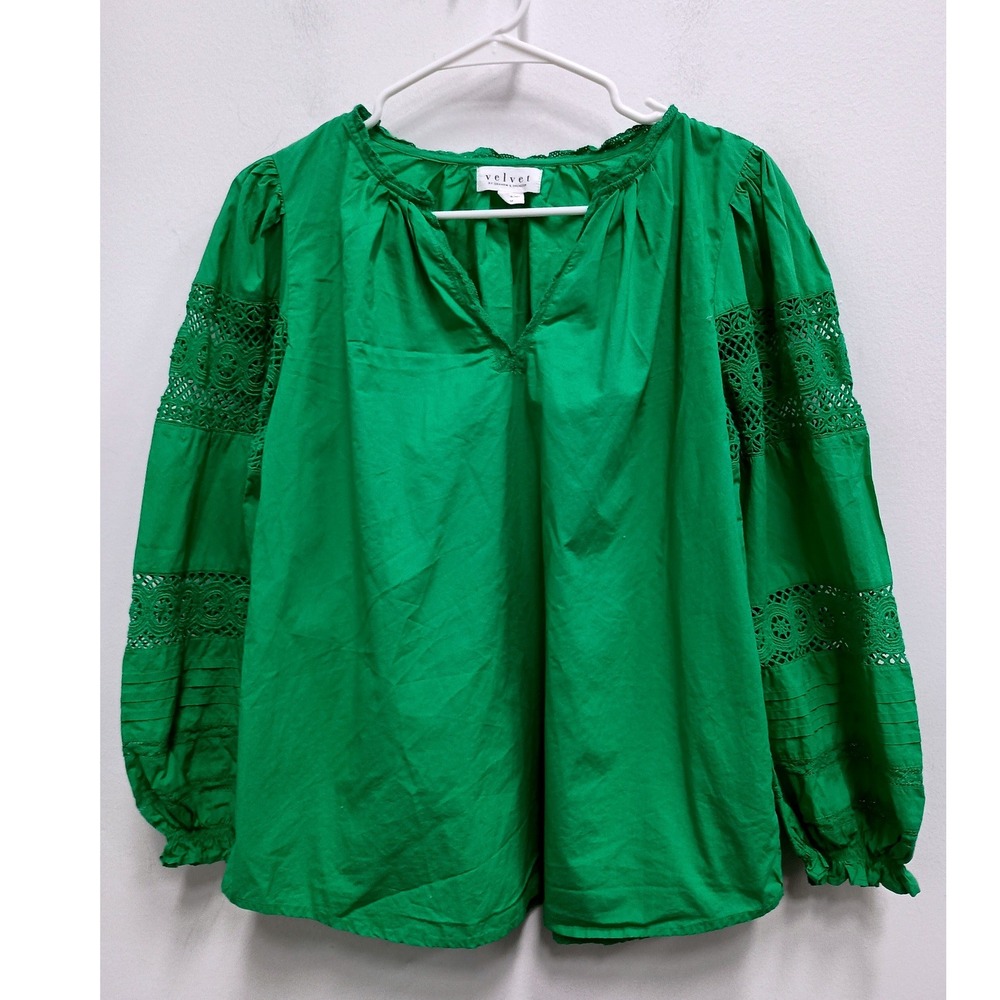 Velvet Graham & Spencer Blouse Womens Medium Green Crochet Eyelet Boho Peasant